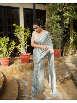 VAIRAGEE - Star Georgette Grey Embroidery Saree With Unstitched Blouse