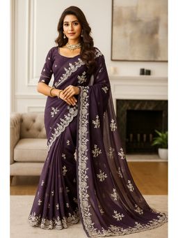 VAIRAGEE - Purple Simmer silk embroidery Saree With Unstitched Blouse