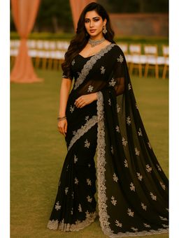 VAIRAGEE - Black Simmer silk embroidery Saree With Unstitched Blouse