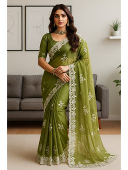 VAIRAGEE - Green Simmer silk embroidery Saree With Unstitched Blouse