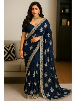 VAIRAGEE - Navy Blue Simmer silk embroidery Saree With Unstitched Blouse