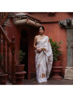 VAIRAGEE - White Rangoli Organza Silk Embroidery Saree With Unstitched Blouse