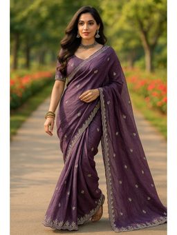 VAIRAGEE - Gold Crush Embroidery Purple Saree With Unstitched Blouse