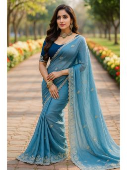 VAIRAGEE - Gold Crush Embroidery Sky blue Saree With Unstitched Blouse