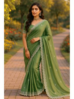VAIRAGEE - Gold Crush Embroidery Green Saree With Unstitched Blouse