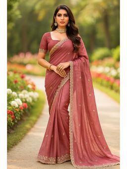 VAIRAGEE - Gold Crush Embroidery Pink Saree With Unstitched Blouse