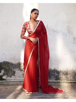 VAIRAGEE - Georgette Red Solid Lace Work Saree With Unstitched Blouse