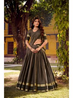 LooknBook Art - Chettinad Cotton Chex Zari Stitched Grey Lehenga with Unstitched Choli and Dupatta