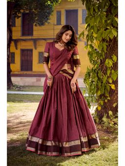 LooknBook Art - Chettinad Cotton Chex Stitched Maroon Lehenga with Unstitched Choli and Dupatta