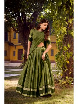 LooknBook Art - Chettinad Cotton Chex Stitched Green Lehenga with Unstitched Choli and Dupatta