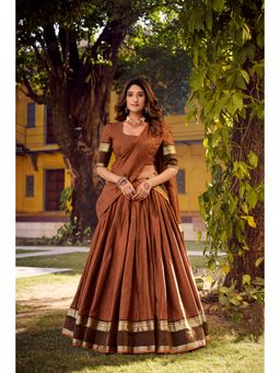LooknBook Art - Chettinad Cotton Chex Zari Stitched Rust Lehenga with Unstitched Choli and Dupatta