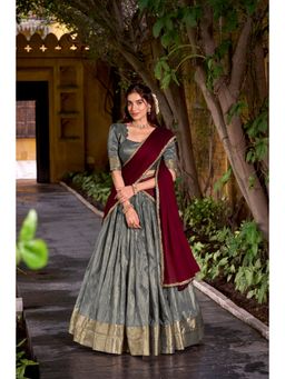 LooknBook Art - Designer Dupion Silk Zari Stitched Grey Lehenga with Unstitched Choli and Dupatta