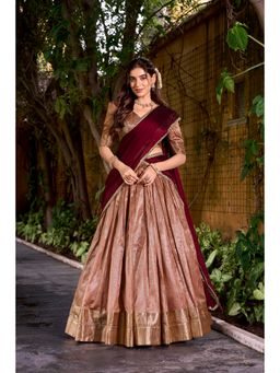 LooknBook Art - Designer Dupion Silk Zari Stitched Peach Lehenga with Unstitched Choli and Dupatta