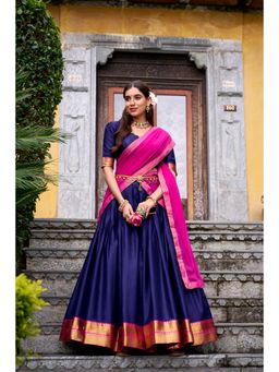 LooknBook Art - Zari Woven Chaniya Stitched Navy Blue Lehenga with Unstitched Choli and Dupatta