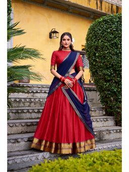 LooknBook Art - Zari Woven Chaniya Stitched Red Lehenga with Unstitched Choli and Dupatta
