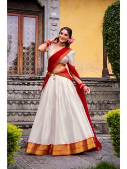LooknBook Art - Zari Woven Chaniya Stitched White Lehenga with Unstitched Choli and Dupatta