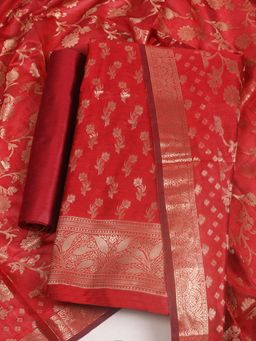 MEENA BAZAAR - Woven Chanderi Maroon Unstitched Kurta with Unstitched Pant and Dupatta
