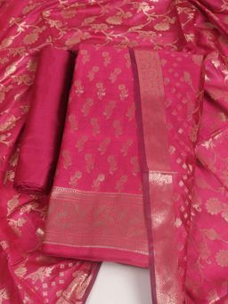 MEENA BAZAAR - Woven Chanderi Pink Unstitched Kurta with Unstitched Pant and Dupatta