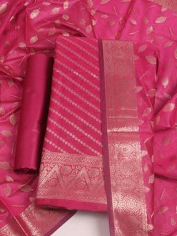 MEENA BAZAAR - Woven Chanderi Pink Unstitched Kurta with Unstitched Pant and Dupatta