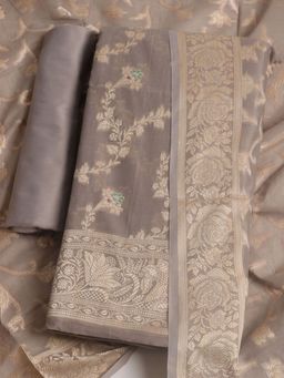 MEENA BAZAAR - Woven Chanderi Grey Unstitched Kurta with Unstitched Pant and Dupatta