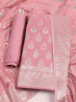 MEENA BAZAAR - Woven Chanderi Pink Unstitched Kurta with Unstitched Pant and Dupatta