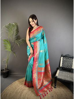 Elora - Aqua Green Soft Silk Dual Zari Banarasi Saree with Unstitched Blouse