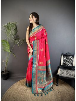 Elora - Hot Pink Soft Silk Dual Zari Banarasi Saree with Unstitched Blouse