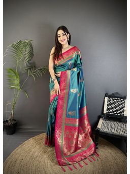 Elora - Teal Soft Silk Dual Zari Banarasi Saree with Unstitched Blouse