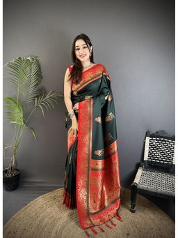 Elora - Dark Green Soft Silk Dual Zari Banarasi Saree with Unstitched Blouse