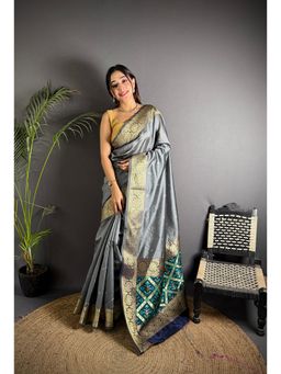 Elora - Grey Cotton Silk Banarasi Golden Zari Weaving Saree with Unstitched Blouse