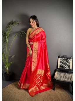 Elora - Red Cotton Silk Banarasi Golden Zari Saree with Unstitched Blouse