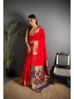 Elora - Red Cotton Silk Banarasi Golden Zari Weaving Saree with Unstitched Blouse