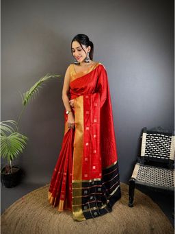 Elora - Red Soft Cotton Silk Stripes Zari Weaving Saree with Unstitched Blouse