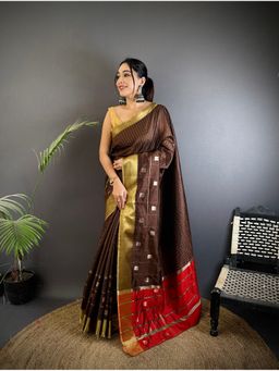 Elora - Brown Soft Cotton Silk Stripes Zari Weaving Saree with Unstitched Blouse