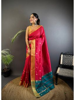 Elora - Hot Pink Soft Cotton Silk Stripes Zari Weaving Saree with Unstitched Blouse