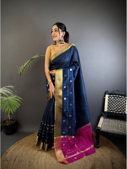 Elora - Navy Blue Soft Cotton Silk Stripes Zari Weaving Saree with Unstitched Blouse