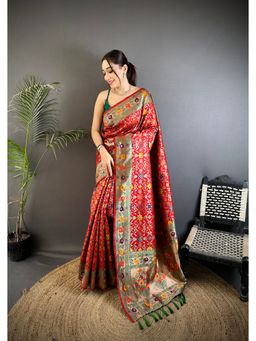 Elora - Red Soft Silk Banarasi Zari Woven Saree with Unstitched Blouse