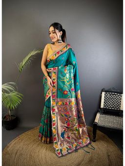 Elora - Cyan Blue Soft Silk Paithani Zari Weaving Saree with Unstitched Blouse