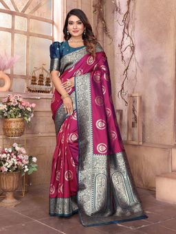 Elora - Magenta Soft Silk Banarasi Zari Woven Saree with Unstitched Blouse