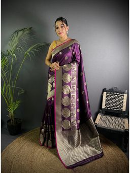 Elora - Wine Soft Lichi Silk Golden Zari Paisley Banarasi Saree with Unstitched Blouse