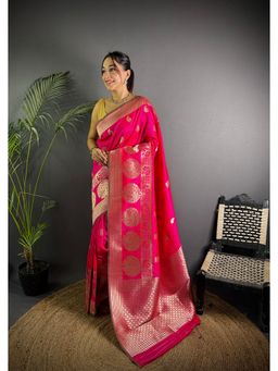 Elora - Hot Pink Soft Silk Golden Zari Paisley Banarasi Saree with Unstitched Blouse