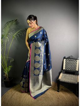 Elora - Navy Blue Soft Silk Golden Zari Paisley Banarasi Saree with Unstitched Blouse