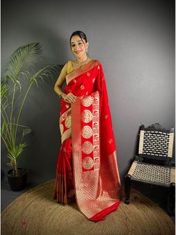 Elora - Red Soft Lichi Silk Golden Zari Paisley Banarasi Saree with Unstitched Blouse