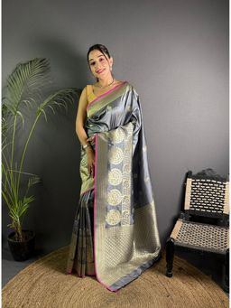 Elora - Dark Grey Soft Silk Golden Zari Paisley Banarasi Saree with Unstitched Blouse