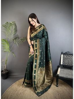 Elora - Dark Green Soft Silk Banarasi Zari Woven Weaving Saree with Unstitched Blouse