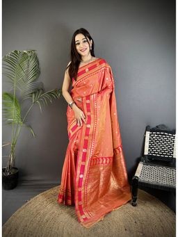 Elora - Peach Soft Silk Banarasi Zari Woven Weaving Saree with Unstitched Blouse