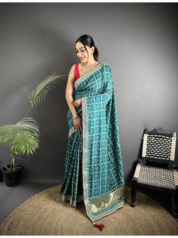 Elora - Blue Silk Bandhani with Stone and Sequence Work Saree with Unstitched Blouse
