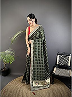 Elora - Dark Green Silk Bandhani Saree with Unstitched Blouse
