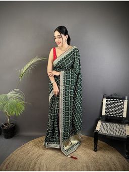 Elora - Dark Green Vichitra Silk Bandhej Bandhani Saree with Unstitched Blouse