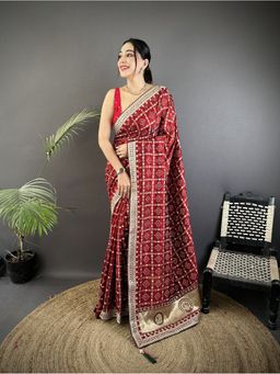 Elora - Maroon Vichitra Silk Bandhej Bandhani Saree with Unstitched Blouse